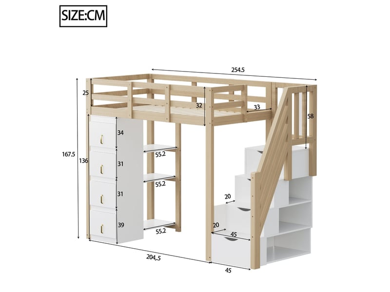  Lit mezzanine 90x200cm - avec tiroirs rangement - étagères à plusieurs niveaux - lit enfant - échelle sécurisée - sommier à lattes  - Conforama C