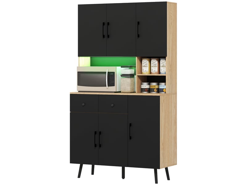  Buffet cuisine meuble cuisine rangement haut avec lumière led rgb plan de travail 6 portes 2 tiroirs 100x40x176cm noir  - Conforama B