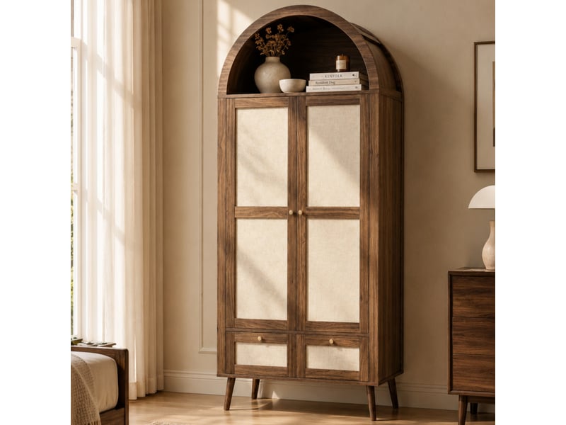  Armoire à vêtements 2 portes avec tringle, 2 tiroirs, niche ouverte, effet rotin, noyer et beige  - Conforama W