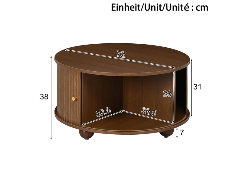  Table basse ronde 72 x 72 x 38 cm, 2 portes coulissantes, mdf, noyer  - Conforama C