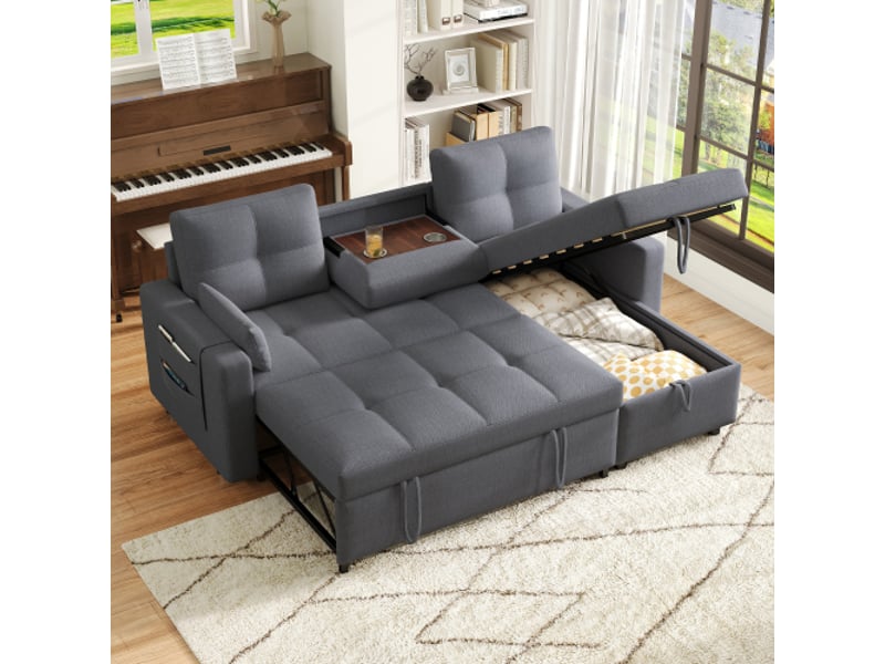  Canapé d'angle réversible convertible 3 pl lin gris coffre de rangement canapé d'angle gris - Conforama B