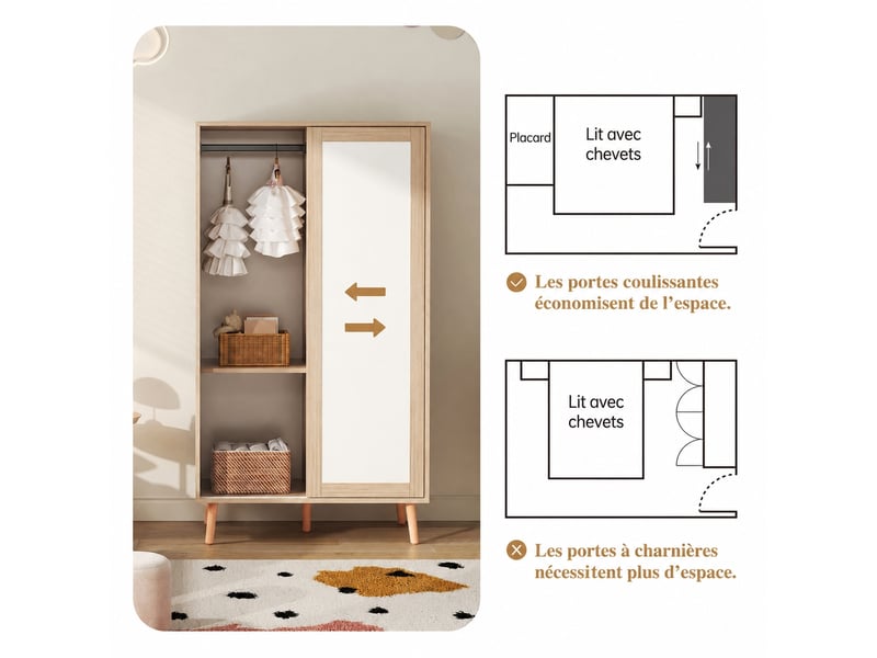  Armoire enfant portes coulissantes, 2 tringles, blanc et bois clair, 80 x 46 x 141,5 cm  - Conforama D