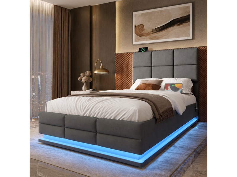  Cadre de lit 90x200 cm avec rangement hydraulique, led et usb, gris foncé  - Conforama C