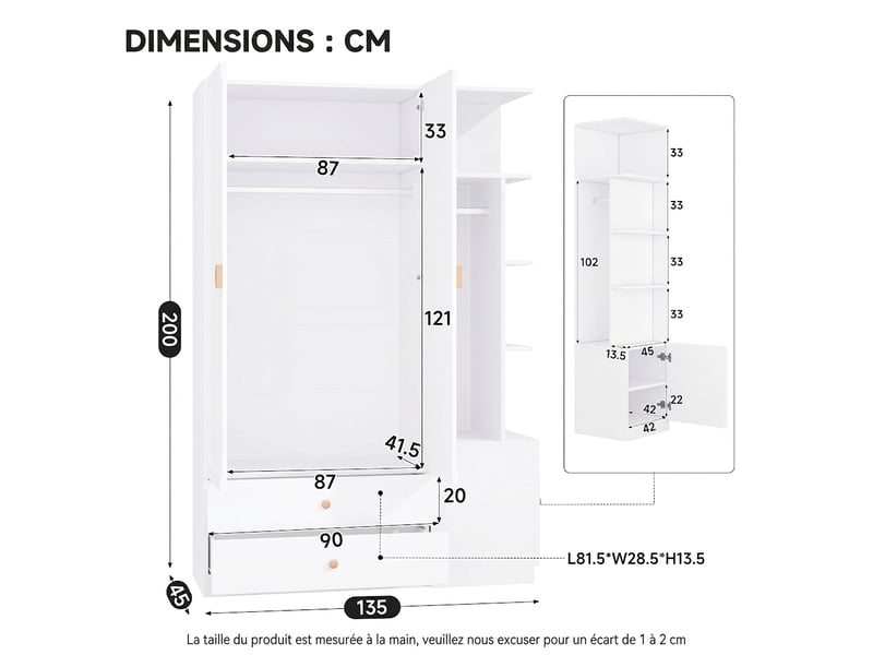  Armoire penderie 90x50x200 cm chêne artisan armoire 2 portes et 2 tiroirs avec barre  - Conforama W