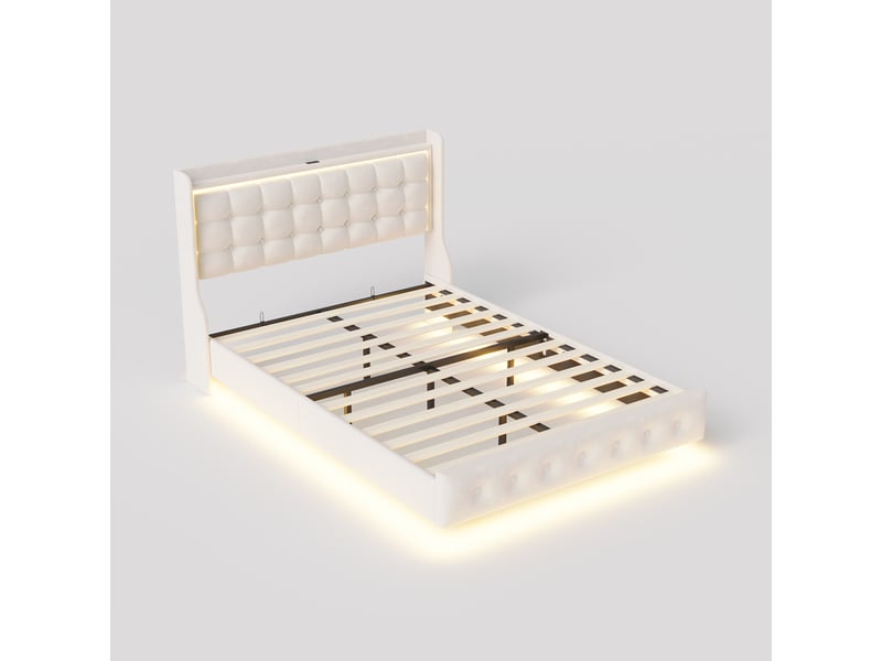  Lit double rembourré en velours - 160x200cm-blanc - avec éclairage led et étagère de tête de lit  - Conforama D