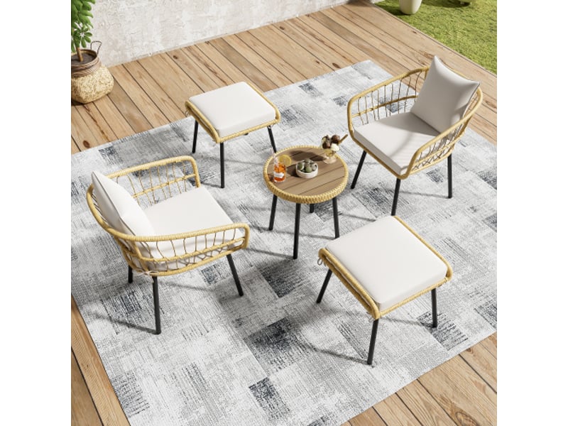  Salon de jardin bas 5p résine tressée naturelle, table + 2 fauteuils + 2 tabourets – aapaas  - Conforama E
