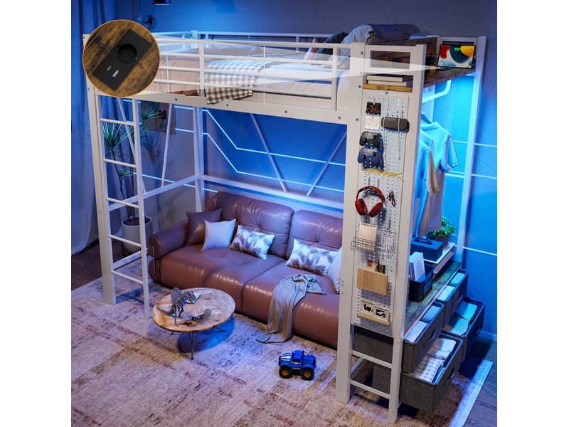 Lit mezzanine 90 x 200 cm en métal blanc avec 4 tiroirs, led, prise et usb-c - Conforama E