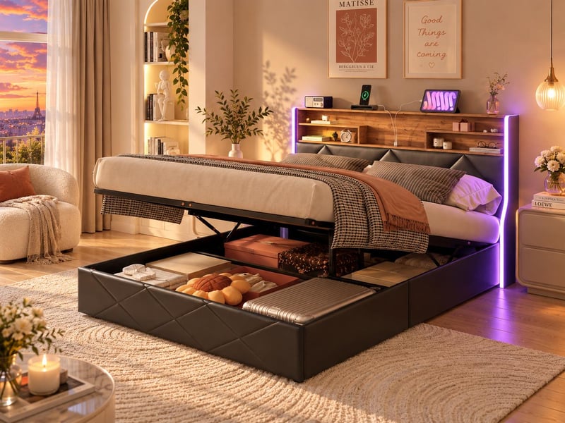  Lit coffre 160x200 cm - tissu lin gris avec led rgb, prises, étagère et rangement  - Conforama B