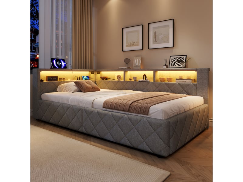  Canapé-lit coffre 90 x 200 cm - avec lumière led - avec port usb - tissu velours - gris (matelas non inclus)  - Conforama B