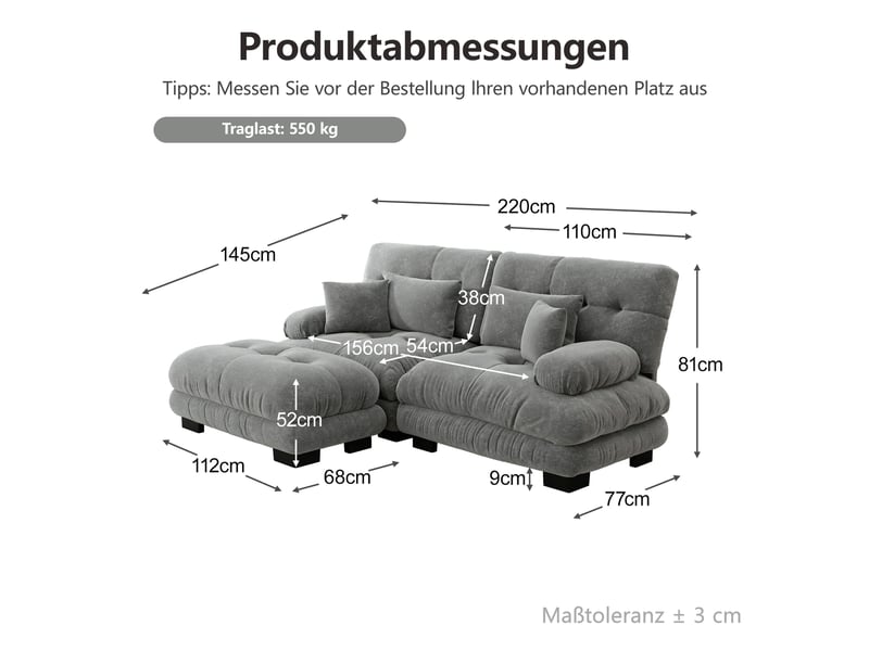 Canapé d’angle en tissu gris, 2 places, 220 cm, panoramique, modulable W3325S00060 - Conforama E