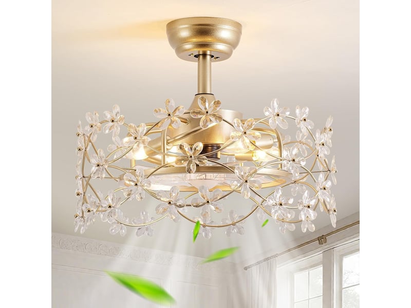  Ventilateur de plafond 50cm (20 pouces) avec lumière en verre doré – cage fermée, télécommande, 6 vitesses, pour chambre et salon  - Conforama E