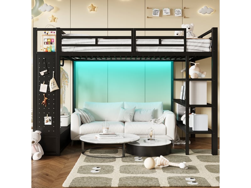 Lit mezzanine 140x200 cm noir, avec penderie, rangements, 2 tiroirs, étagères, panneau perforé, led 7 couleurs, structure métal, sommier inclus, sans matelas - Conforama W