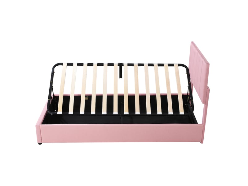 Lit enfant 90x200 cm en tissu rose, coffre hydraulique, rangement et sommier à lattes - Conforama D