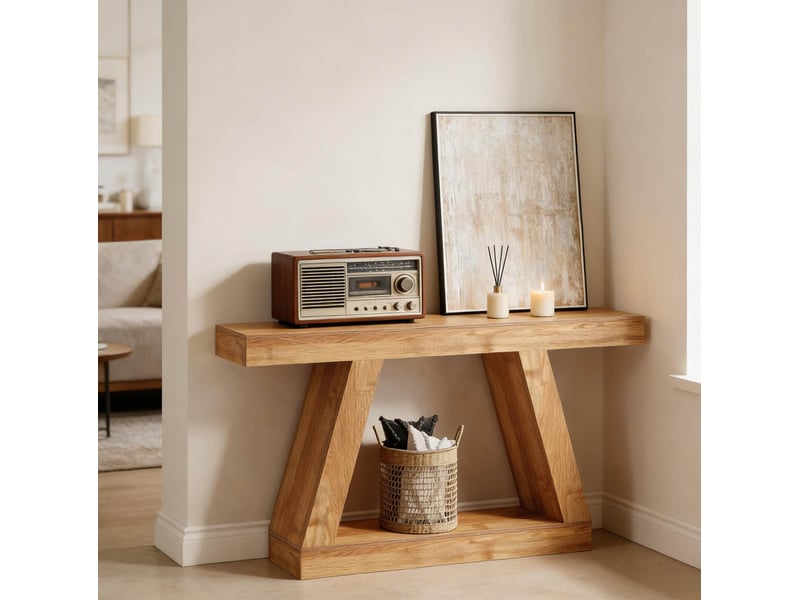  Console d'entrée avec structure ouverte et plateau long, charge 150 kg, pour salon et entrée, en mdf naturel  - Conforama A