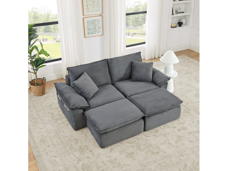 Canapé de sol 2 places modulable gris clair avec repose-pieds et poches de rangement, sans montage - Conforama B