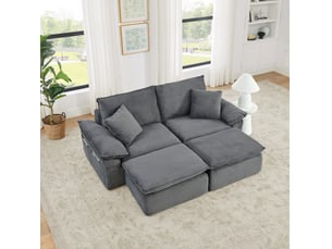 Canapé de sol 2 places modulable gris clair avec repose-pieds et poches de rangement, sans montage