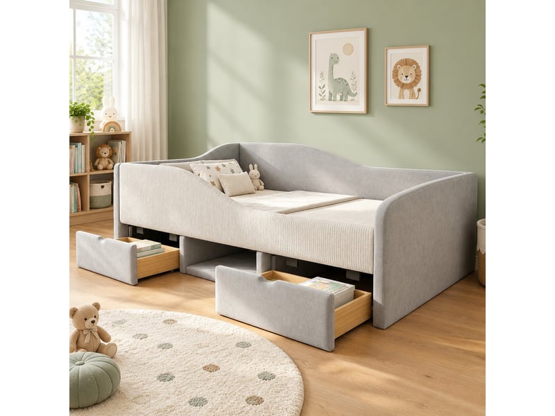 Lit enfant 90 × 190 cm avec barrières, 2 tiroirs, rangement ouvert et compartiment à chaussures, sans matelas, gris - Conforama B