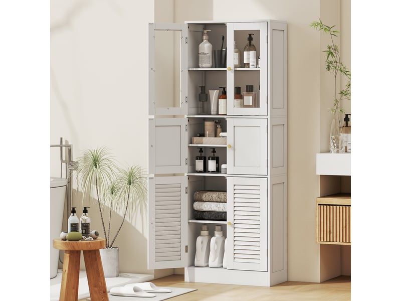 Colonne de salle de bain étroite avec portes vitrées à persiennes et étagères réglables, 60 x 30 x 170 cm, blanche - Conforama C