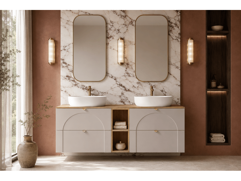 Meuble sous-vasque suspendu aura 140 cm avec plan et étagère effet chêne craft cachemire mat k - Conforama B