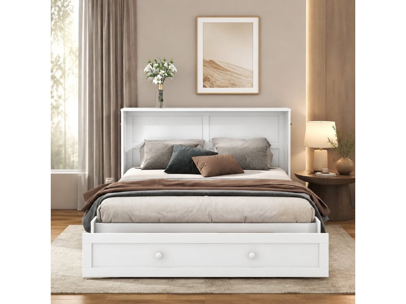  Lit escamotable convertible 140 x 200 cm avec tiroir et étagères latérales, blanc  - Conforama B