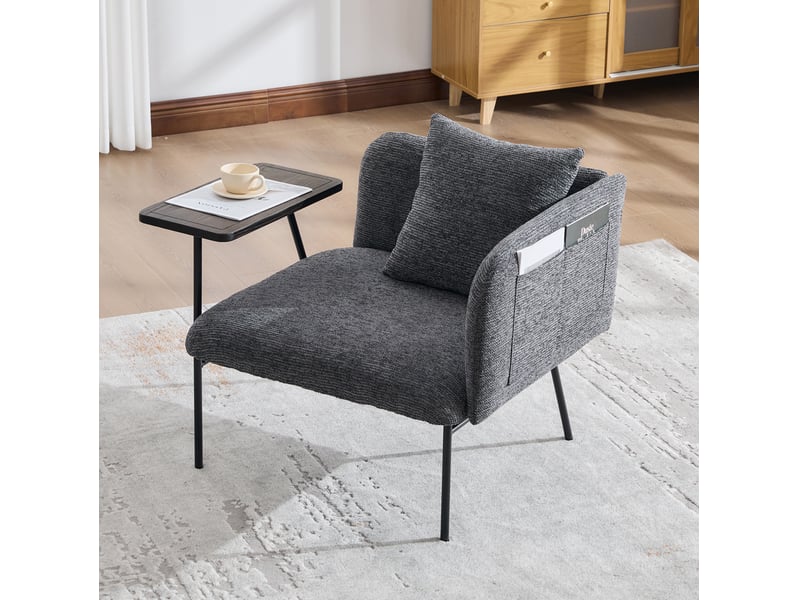 Fauteuil avec table d'appoint et deux poches latérales, dossier courbé, en chenille gris foncé 86 × 72 × 71 cm - Conforama D