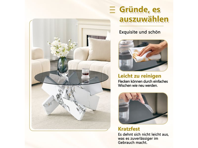 Table basse ronde table de salon en verre plateau en verre piètement designer stable aspect bois effet marbre style moderne - Conforama E
