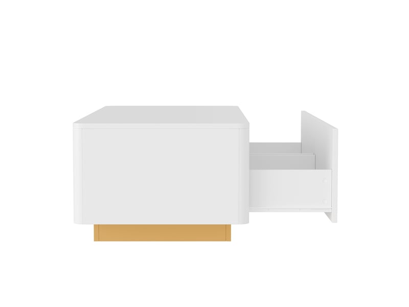  Table basse avec 2 tiroirs et front texturé, espaces de rangement ouverts, coins arrondis pour salon, 110 × 50 × 35 cm, en mdf, blanc  - Conforama E