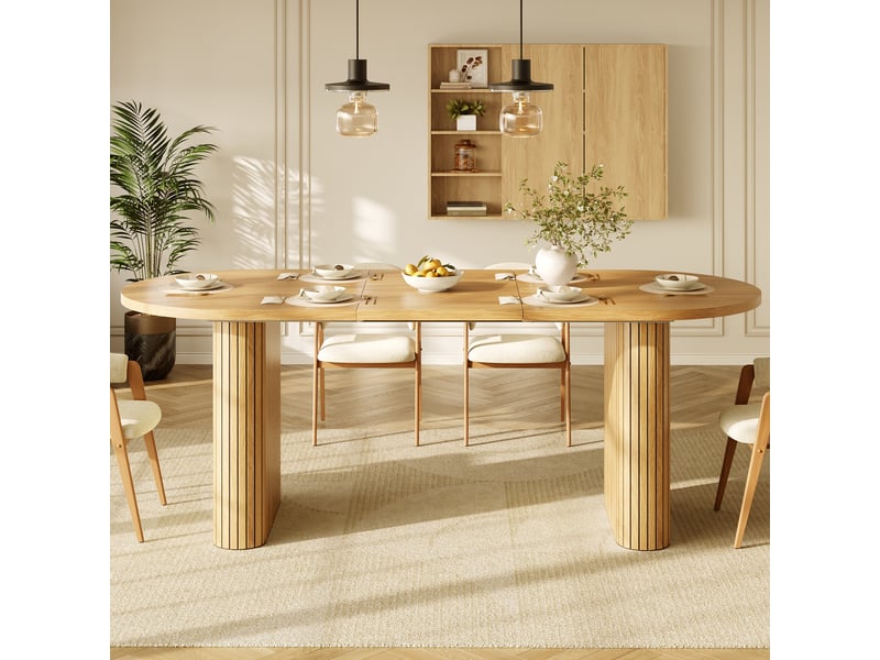  Table à manger extensible 120-160 cm ovale, table de salle à manger avec pieds rainurés, plateau épais et coins arrondis, naturel, marron ou noir OPULERANE TRADING LTD - Conforama B