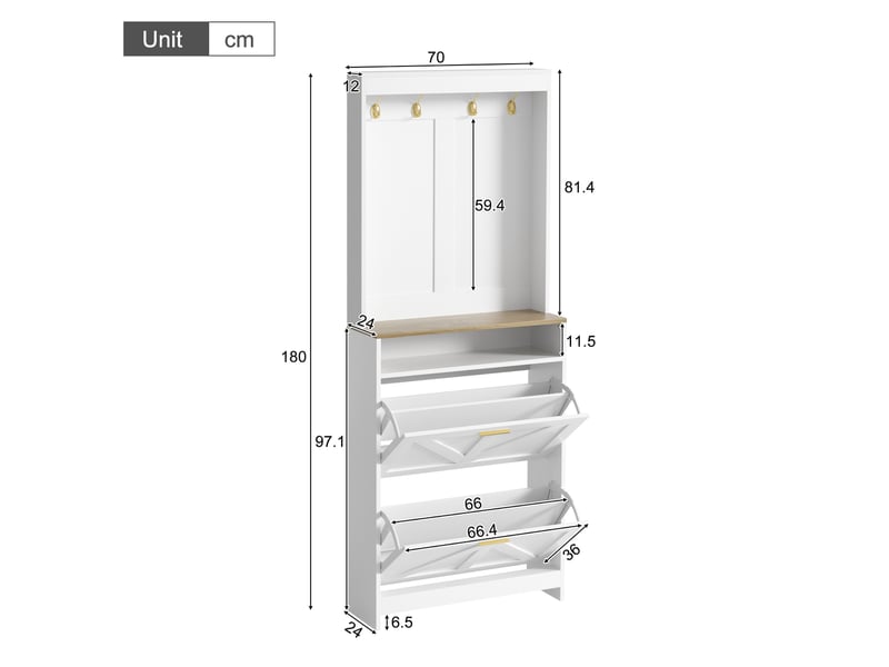  Meuble à chaussures 70x24x180 cm avec led et 2 abattants blanc et naturel  - Conforama C