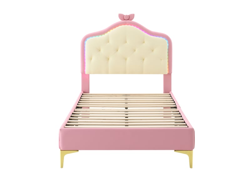  Lit enfant, 90 x 200 cm, lit ondulée avec boutons décoratifs et nœud rose, avec led , pu,rose  - Conforama A