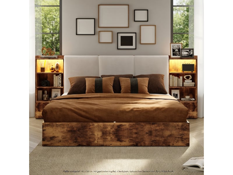  Lit adulte 180 x 200 cm, à rangement hydraulique, avec compartiments de rangement et bande lumineuse led, marron  - Conforama B