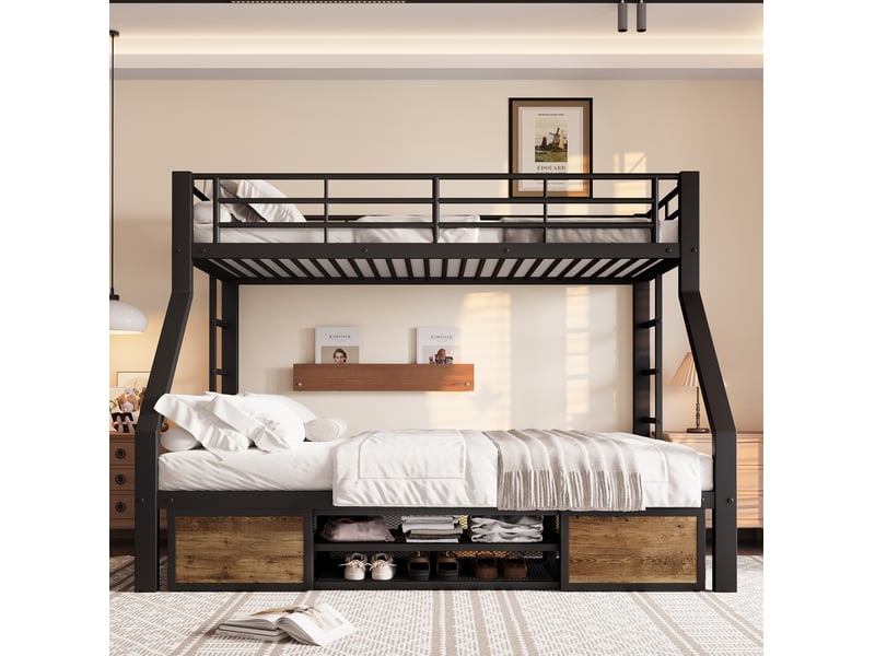  Lit superposé enfant noir 90 x 200 cm et 140 x 200 cm avec rangement  - Conforama D