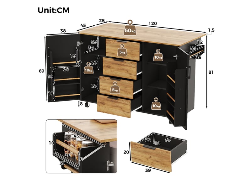  Îlot de cuisine roulant avec plan de travail rabattable, 4 tiroirs, mdf noir et bois 120 x 70 x 90 cm  - Conforama D