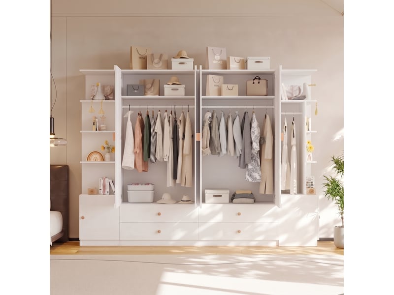 Armoire 6 portes blanche 270x45x200 cm avec 4 tiroirs et 4 penderies - Conforama E
