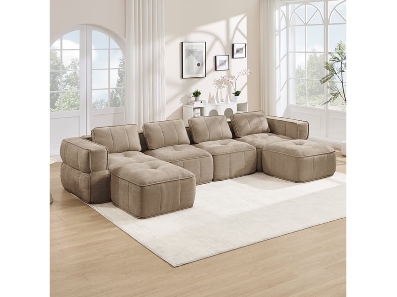  Canapé panoramique en u 4 places modulaire avec 2 poufs, mousse haute densité 32d, en polyester beige  - Conforama D