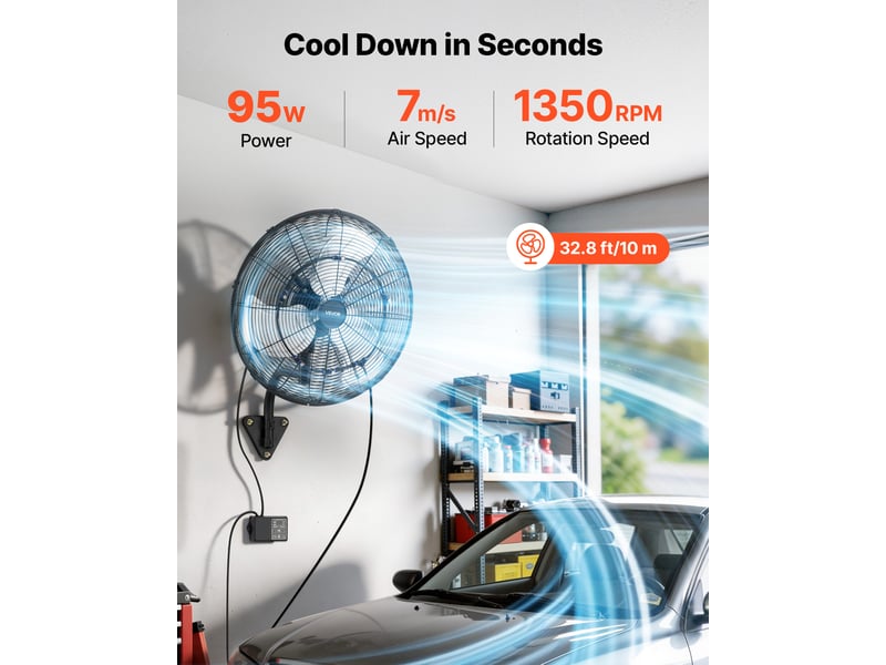  Vevor ventilateur mural industriel brumisateur 50,5 cm, oscillant, télécommande, ip44, 3 vitesses, minuterie 18 h, contrôle température FOW-20-S - Conforama B