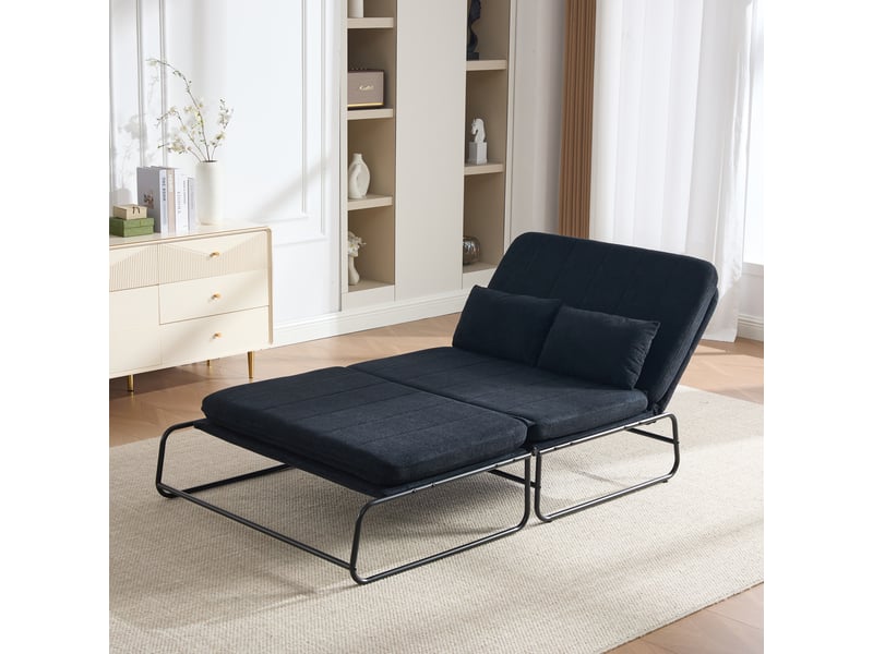Canapé convertible 2 places avec poches latérales et coussin lombaire, structure métallique en chenille noire - Conforama B
