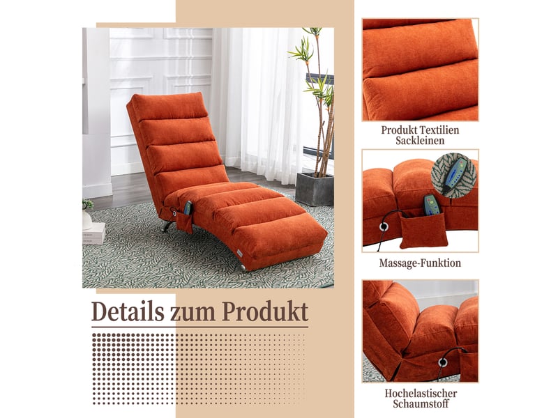 Chaise longue de massage fixe,148x55x84 cm,avec vibration,tissu lin,orange - Conforama E