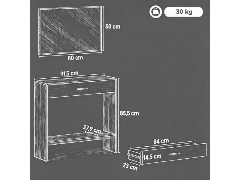  Table console de rangement avec miroir mural, tiroir et étagère, chêne clair et blanc  - Conforama C