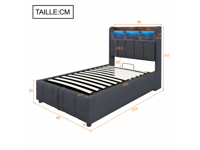  Lit coffre simple en lin avec rangement hydraulique, led, usb et type-c, 90x200 cm, présence du matelas non précisée  - Conforama D