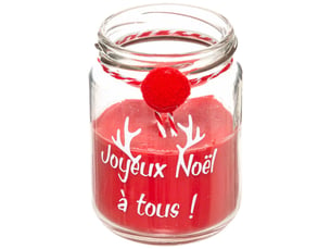 Bougie avec pompon 7x9cm 120 gr avec pot verre rouge blanc