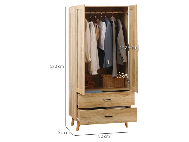  Armoire 2 portes avec 2 tiroirs et penderie, 80 x 54 x 180 cm, en bois  - Conforama C