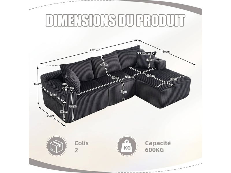  Canapé modulable avec méridienne 3 places velours côtelé 257x160 cm gris avec coussins et porte-gobelets  - Conforama C