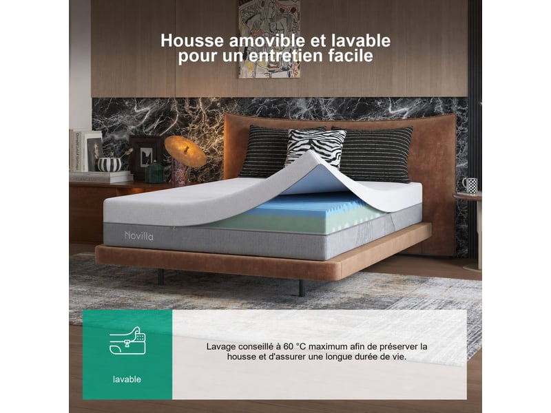  Novilla matelas en mousse 140 x 200 cm, épaisseur 30 cm, réversible, 7 zones, housse lavable, mousse certipur-us, tissu oeko-tex  - Conforama D
