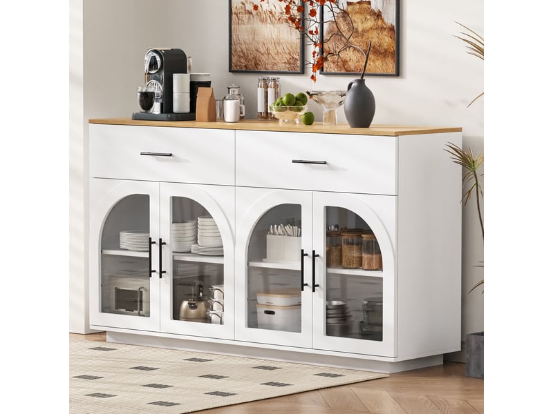  Buffet de cuisine avec plan de travail effet bois, 2 tiroirs, portes vitrées cintrées, meuble vaisselier, coloris blanc Fay Lum - Conforama D