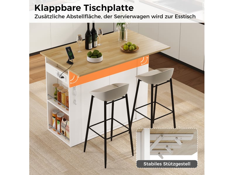 Desserte de cuisine rabattable avec 2 portes, tiroir, étagères et prises pour cuisine, blanc, 120 × 75 × 97 cm - Conforama E