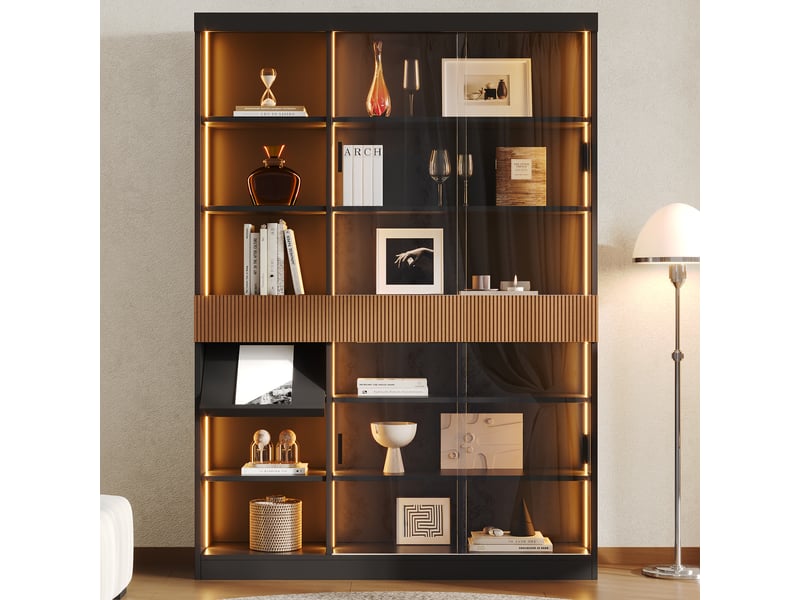 Vitrine 120 x 28,5 x 180 cm avec éclairage led, portes coulissantes en verre trempé, 3 tiroirs, tablette rabattable, salon, bureau, salle à manger - Conforama B