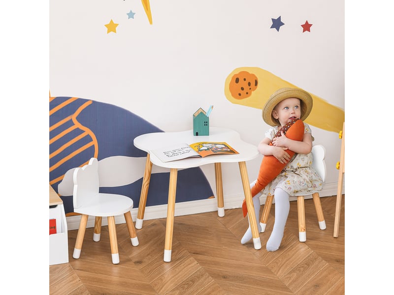  Ensemble table et chaises enfant design scandinave motif ourson bois pin blanc mdf  - Conforama D