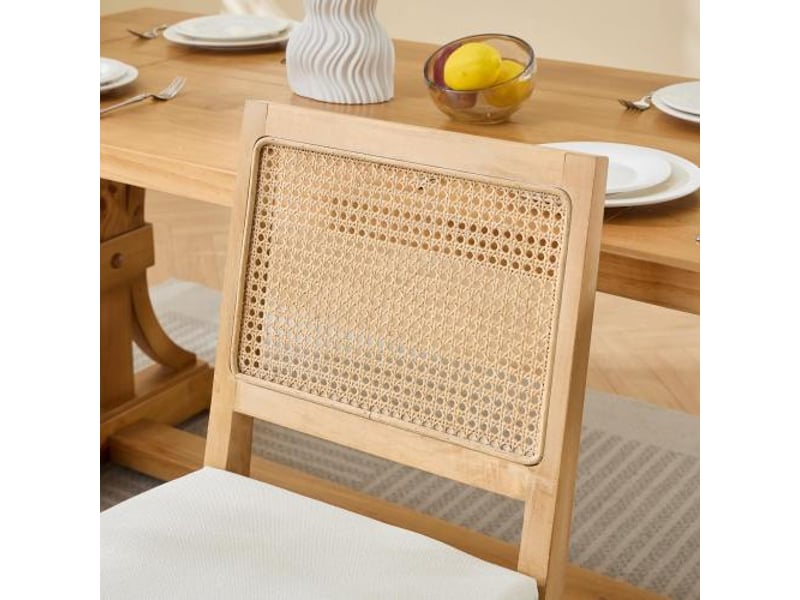  Ensemble 2 chaises rotin beige, dossier en cannage, cadre bois massif naturel, style mid-century modern  - Conforama E