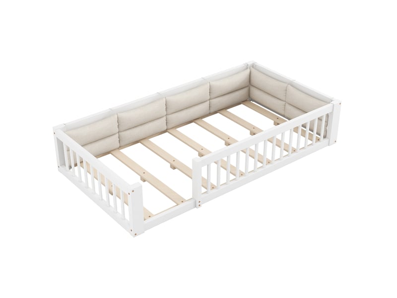 Lit enfant 90x200 cm, lit simple avec barrières de sécurité, coussins rembourrés, sommier, pin + mdf, blanc sans matelas  - Conforama R